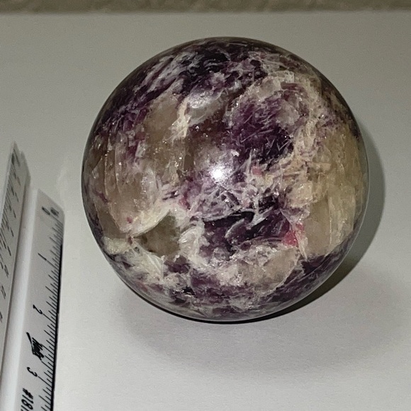 Lepidolite Sphere with Smoky Quartz and Tourmaline inclusions - Picture 7 of 10